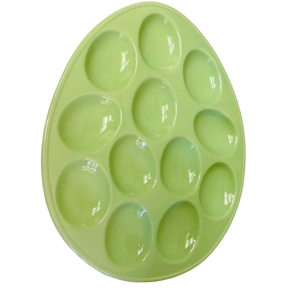 Fresh Decor Deviled Egg Platter Green Ceramic Easter 12 Slot Excellent Egg Shape